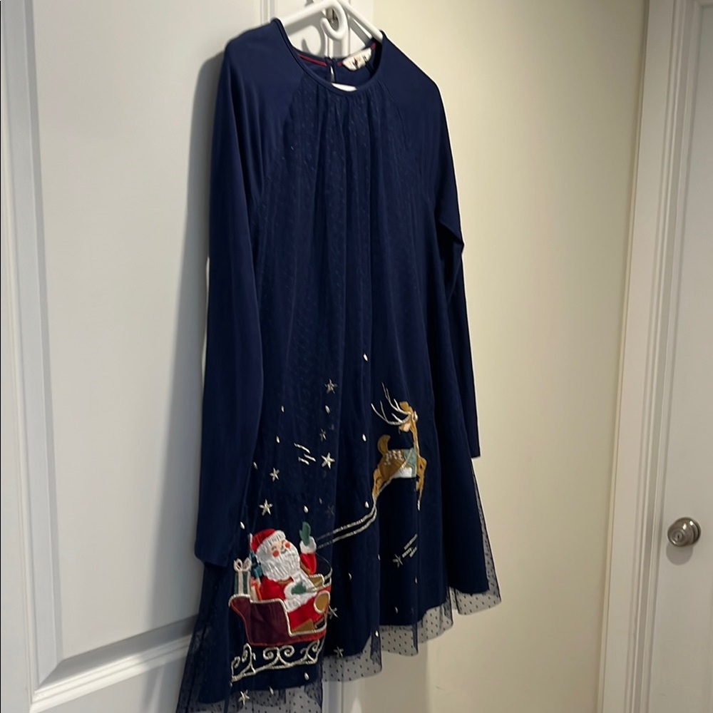 Navy Christmas Dress with Santa and Reindeer